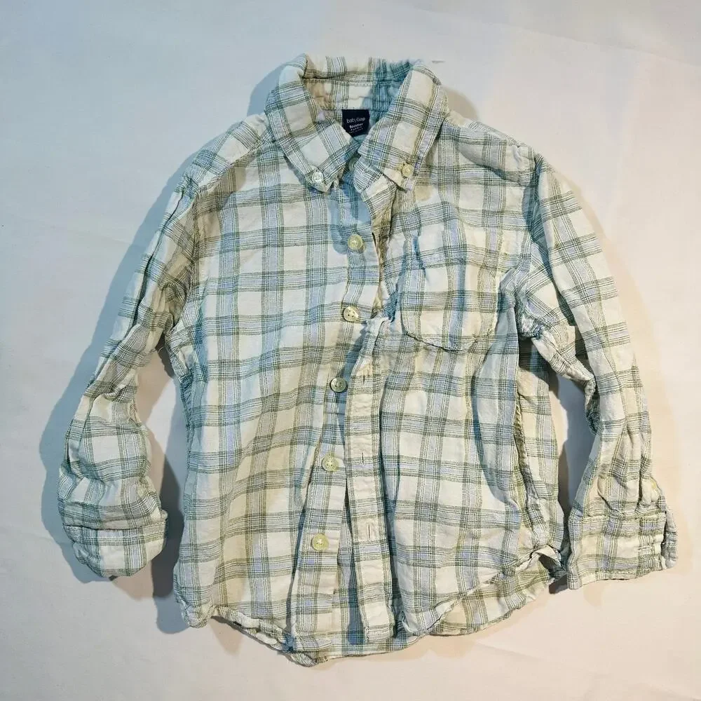 Baby Gap 100% Green Plaid Flannel Button Down Long Sleeve Top Sz 4